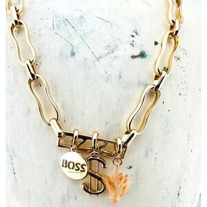 Open Edit BOSS Charm Necklace Gold Tone Chunky Chain Link Adjustable 17-19" NWT